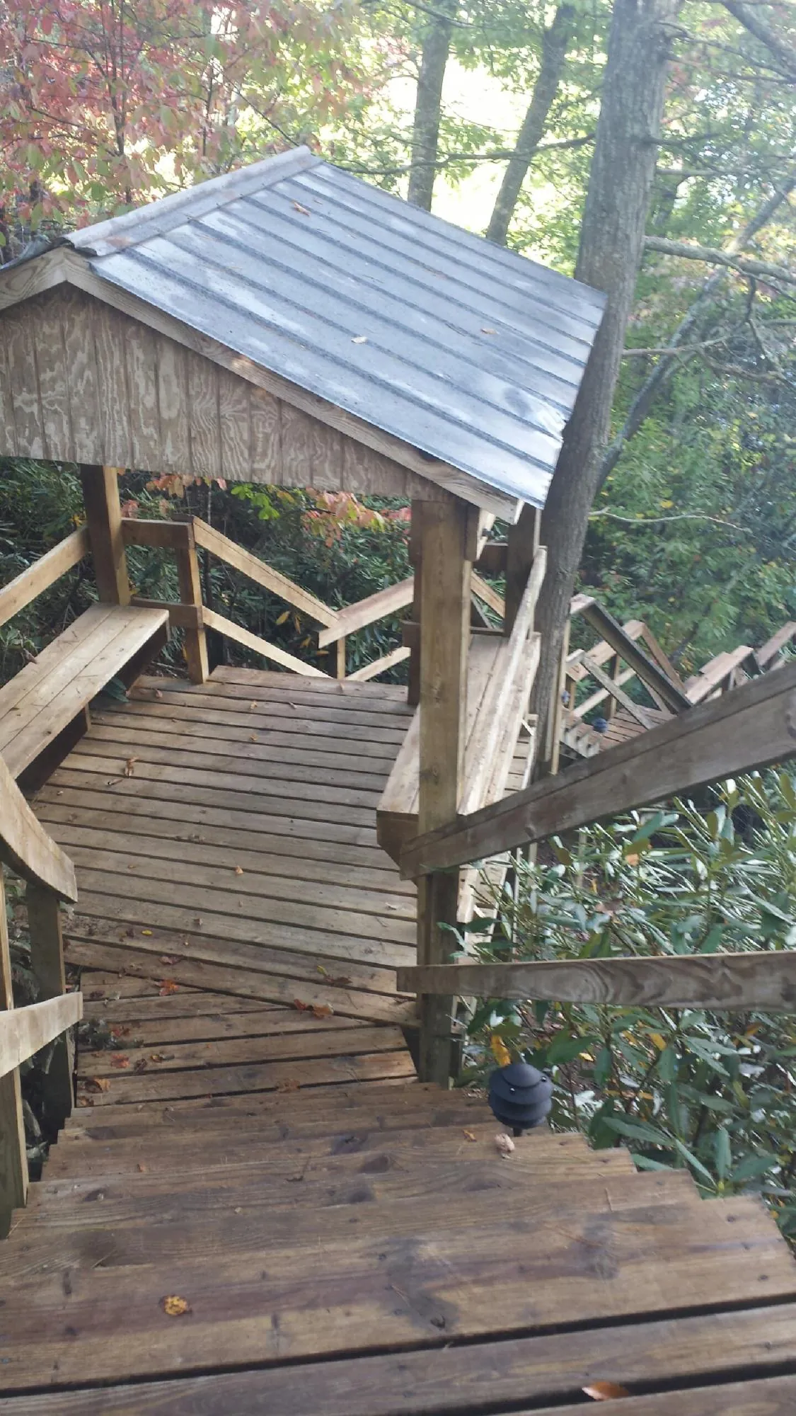 Metal roofed shelter over wooden steps on a wooded walkway — Skylight Repair & Installation work by our crew in Fox River Grove